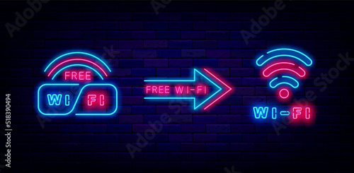 Wifi neon signboards collection. Internet emblems on brick wall. Multicolored labels. Vector stock illustration