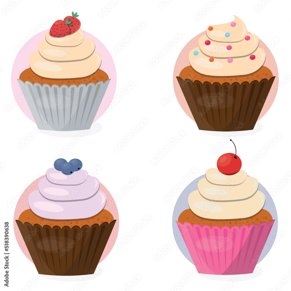 A set of delicious cupcakes with different toppings, frosting and decorated with fruits, blueberries, cherries and chocolate balls in a cartoon style A set of delicious cupcakes with different toppings, frosting and decorated with fruits, blueberries, cherries and chocolate balls in a cartoon style