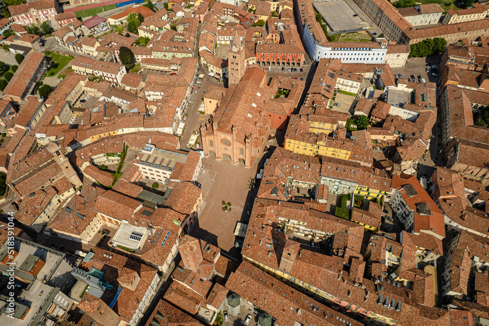 Aerial view of the historic center of Alba with the cathedral of San Lorenzo.