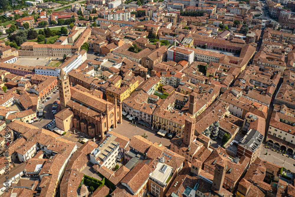 Aerial view of the historic center of Alba with the cathedral of San Lorenzo.