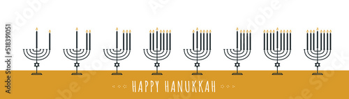 Hanukkah Menorah celebration card. Hanukkiah line icon set. Jewish Religion Holiday. Candleholders silhouette isolated white background. Vector illustration