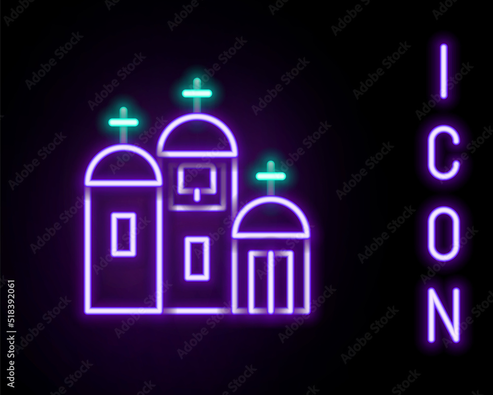 Glowing neon line Church building icon isolated on black background. Christian Church. Religion of church. Colorful outline concept. Vector