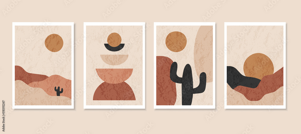 Set of abstract desert landscape posters. Contemporary boho sun, mountains and cactus wall art. Geometry shapes. Pastel beige colors. Vector design for social media, wallpapers, postcards, prints