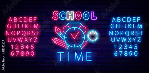 School time neon label. Alarm larm clock and stationery accessories icons. Welcome university sign. Vector illustration photo