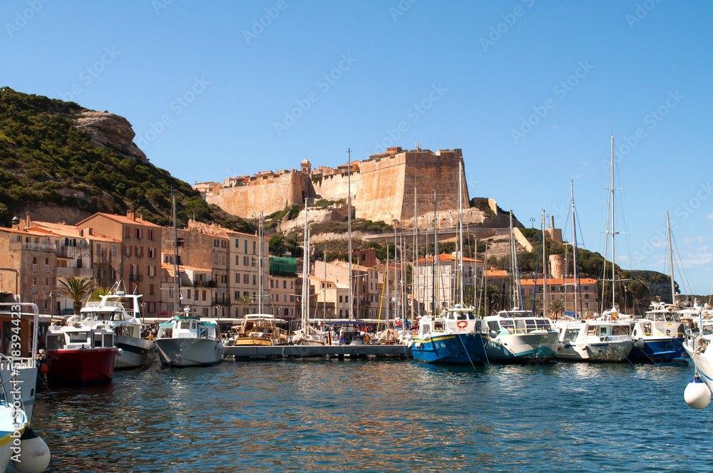 Rocks with a castle that rises above the harbor in the town of Bonifacio on the island of Corsica
