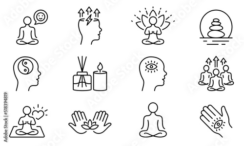 Yoga in Lotus Pose Harmony Line Icon Set. Spiritual Energy Linear Pictogram. Meditation Relax Balance Aromatherapy Outline Icon. Khamsa Zen Brain. Editable Stroke. Isolated Vector Illustration