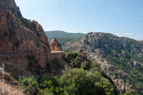 A road in the middle between two rocks on the island of Corsica (Calanche region)