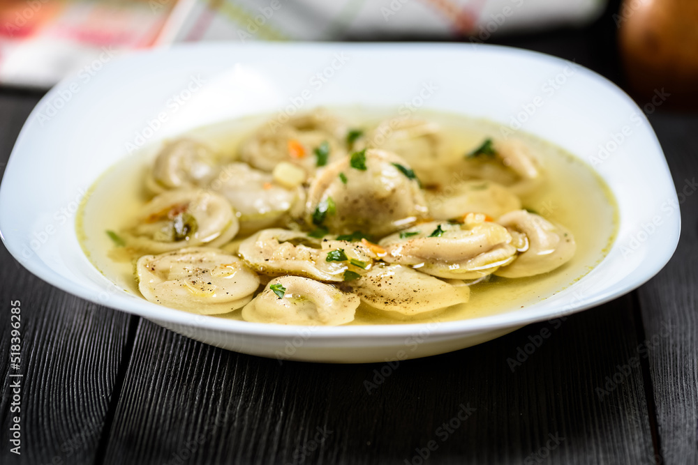 Pelmieni with fried onion or in broth Pelmieni with fried onion or in broth