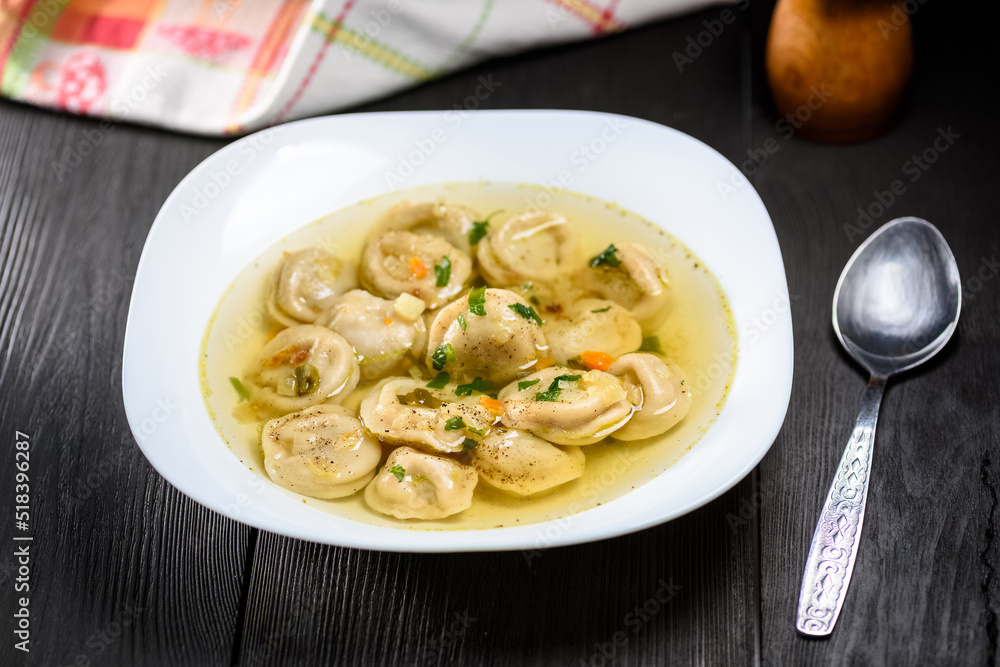 Pelmieni with fried onion or in broth Pelmieni with fried onion or in broth