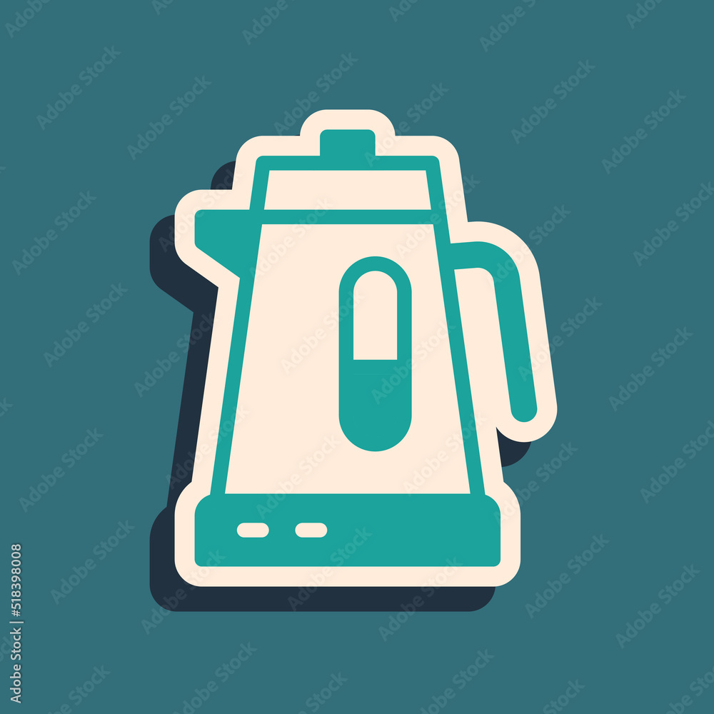 Green Electric kettle icon isolated on green background. Teapot icon. Long shadow style. Vector Green Electric kettle icon isolated on green background. Teapot icon. Long shadow style. Vector