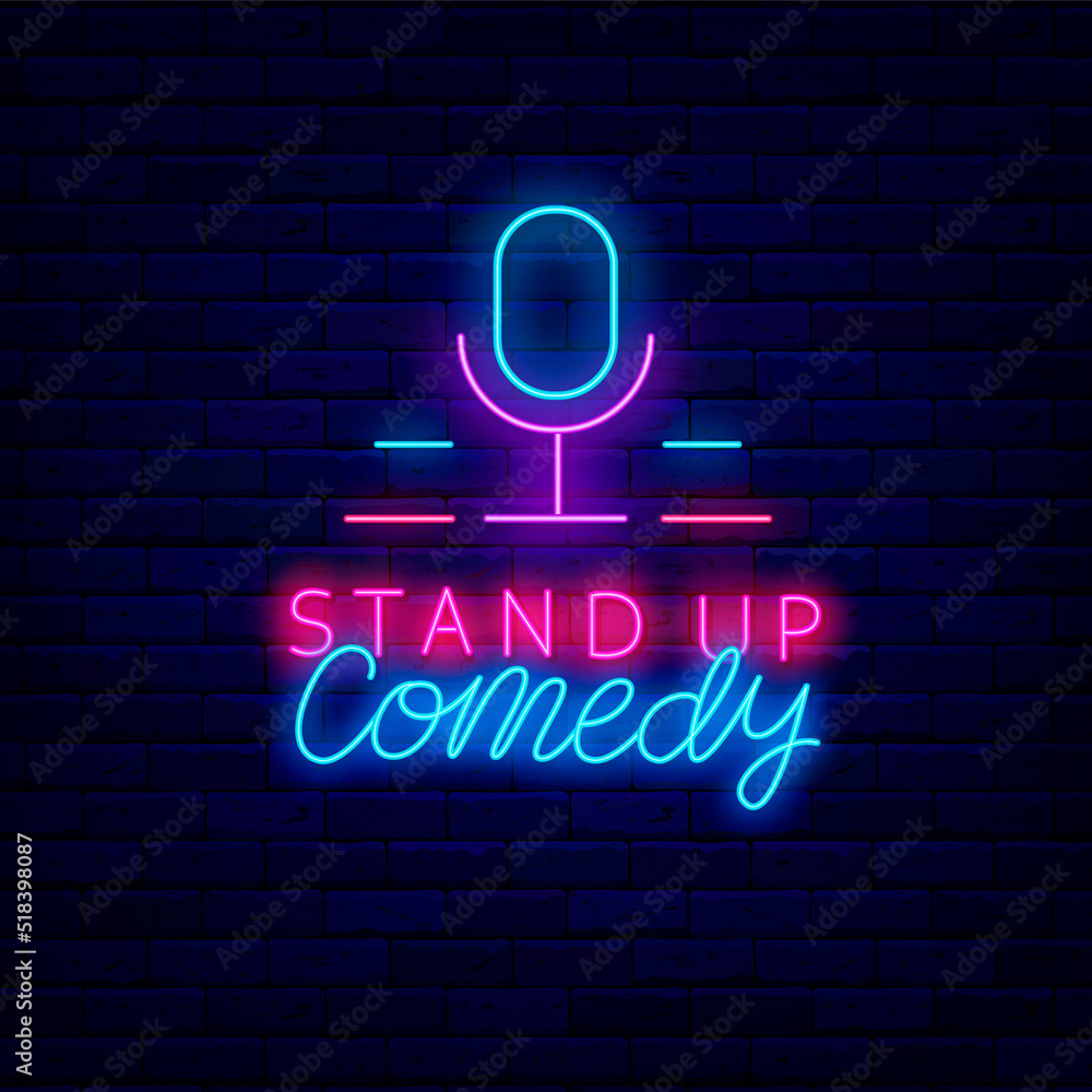 Stand up comedy neon signboard with microphone icon. Comedian show. Light sign. Party label. Vector stock illustration