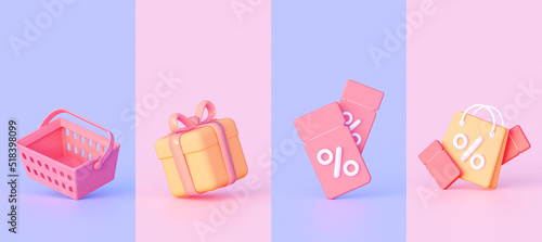 Stories background for social media. A grocery basket with a gift coupon and a purse. 3d rendering. Background design for social networks.