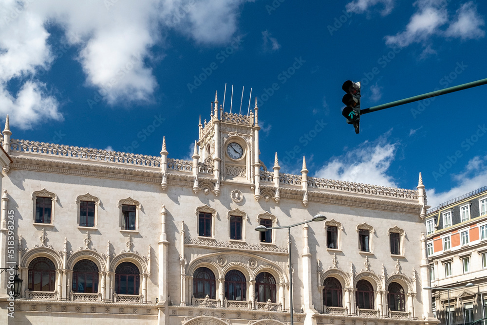 Lisboa, Portugal. April 10, 2022. Rossio train station and blue sky in summer day.
