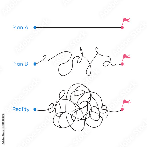 Way from point from A to B-plan A,B vs reality concept illustration. Business metaphor. Searching solution problem concept. Vector 10 eps