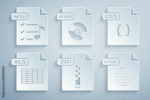 Set ZIP file document, CSS, XLS, HTML, WMA and M3U icon. Vector