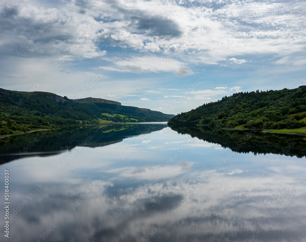 landscape view of Glencar Lough in western Ireland with sky reflections in the calm lake water