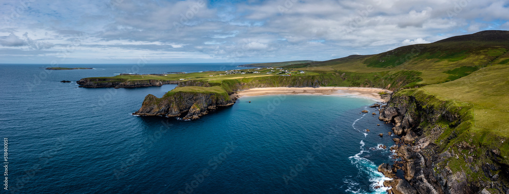 drone aerial panorama of the beautiful Silver Strand and horseshoe bay at Malin Beg on the Wild Atlantic Way of Ireland