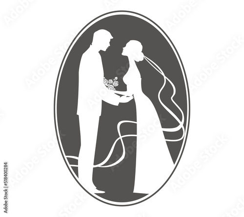 Bride and groom in a round frame