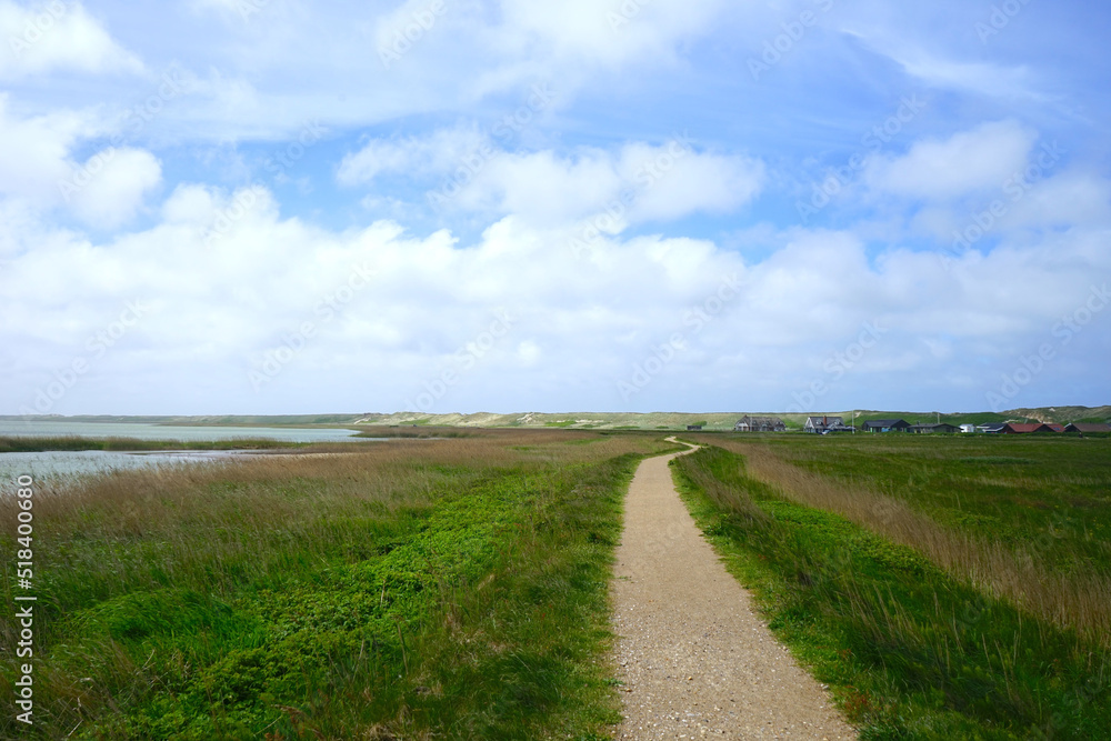 walk and cycle path around the Ferring Sø near Vejlby Klit with a view towards the dune landscape between the North Sea and the brackish lake, holiday in denmark, tourism, travel