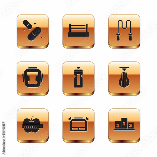 Set Vitamin pill, Apple and measuring tape, Stopwatch, Fitness shaker, Boxing helmet, Jump rope, Award over sports winner podium and icon. Vector