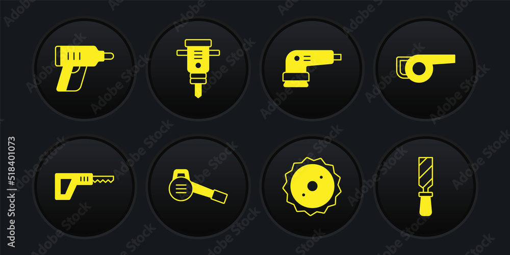 Set Reciprocating saw, Leaf garden blower, Circular blade, Electric sander, Construction jackhammer, Rasp metal file and cordless screwdriver icon. Vector Set Reciprocating saw, Leaf garden blower, Circular blade, Electric sander, Construction jackhammer, Rasp metal file and cordless screwdriver icon. Vector
