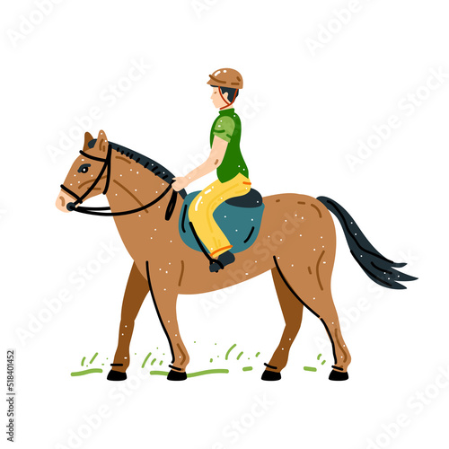 Man riding horse. Vector Illustration. Equestrian sport training horseback ride. Rider in jockey uniform and helmet isolated against white background
