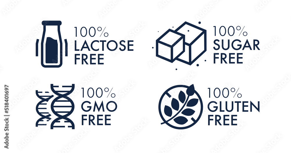 Lactose free, gmo free, sugar free, gluten free vector label set for food emblem, stamps, seals, badges, packaging. Healthy natural organic product. 10 eps - obrazy, fototapety, plakaty 