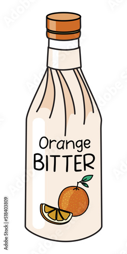 Doodle cartoon classic aromatic orange bitter cocktail ingredient in a bottle covered with paper. For bar cocktail cookbook decoration, stickers etc