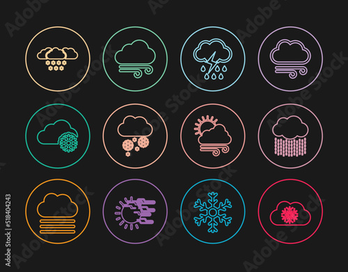 Set line Cloud with snow, rain, and lightning, Windy weather and icon. Vector