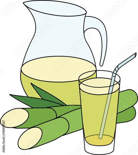 Doodle cartoon style green yellow sugarcane juice in a jug. Refreshing healthy natural drink, cocktail ingredient. For card, stickers, posters, bar menu or cook book recipe.