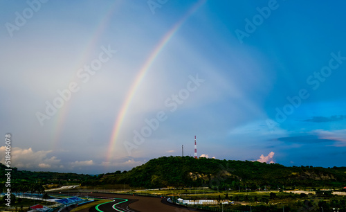 Rainbow at the Mandalika Circuit, Lombok, West Nusa Tenggara, Indonesia. Mandalika circuit is the newest and most beautiful GP racing circuit in the world