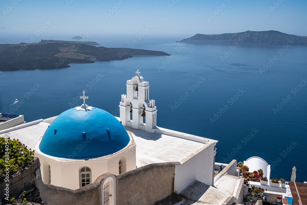 The famous church know as Three Bells of Fira, one of the most iconic landmarks of Santorini, Greece