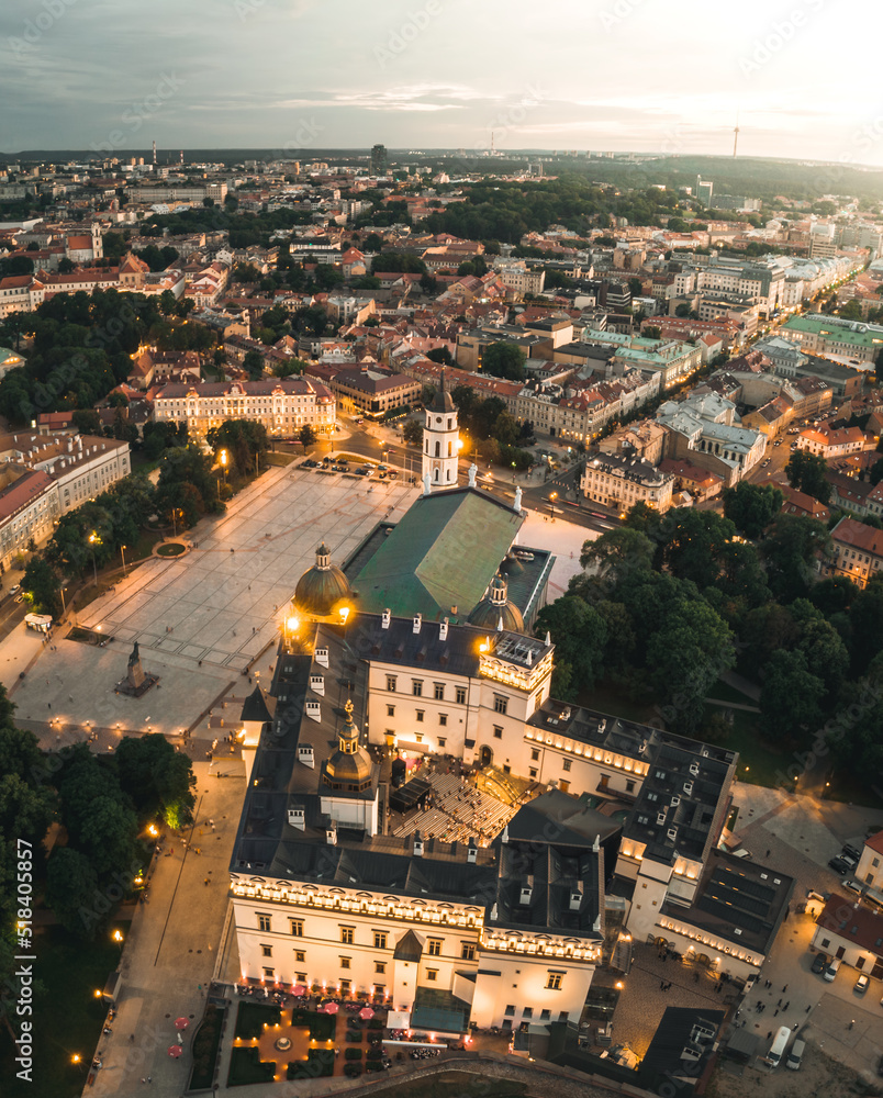 Aerial view cathedral square in Old Town and Vilnius city panorama background, capital city of Lithuania. Scenic landmarks and sightseeing in eastern europe. Travel Lithuania concept.
