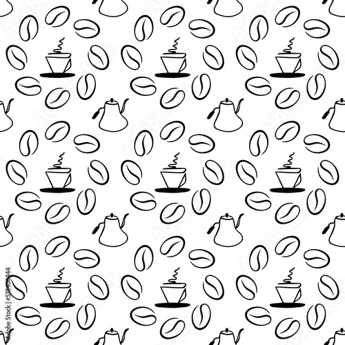 Vector seamless pattern with coffee beans in a circle, teapot and cup. Black and white line art illustration for business, template, banner, textile, wallpaper design, fabric and wrapping