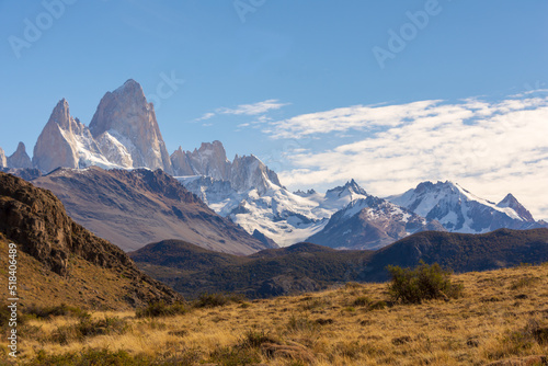 Argentinian pampas grassland with a view of the Fitz Roy mountain in the background, near the town of El Chalten in Patagonia. © Bradley