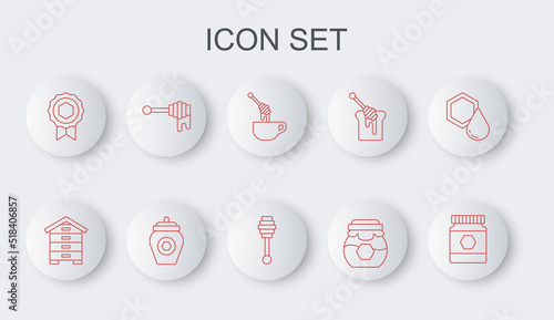 Set line Jar of honey, Hive for bees, Honey dipper stick with, medal, and icon. Vector