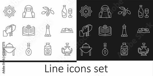 Set line Hookah, Muslim man prays, Date fruit, Holy book of Koran, Hands in praying position, Octagonal star, Mosque tower minaret and woman niqab icon. Vector