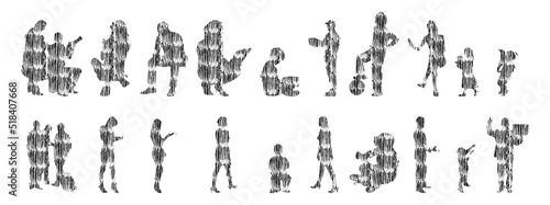 Vector silhouettes, Outline silhouettes of people, Contour drawing, people silhouette, Icon Set Isolated, Silhouette of sitting people, Architectural set	

