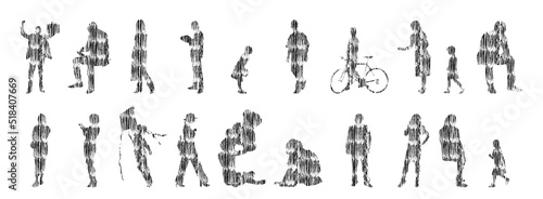 Vector silhouettes, Outline silhouettes of people, Contour drawing, people silhouette, Icon Set Isolated, Silhouette of sitting people, Architectural set	
