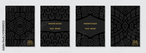 Set of ethnic covers, vertical stylish templates, place for text. Collection of black backgrounds with 3d geometric abstract pattern. Tribal traditions of East, Asia, India, Mexico, Aztecs, Peru.