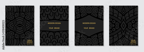 Set of ethnic covers, vertical stylish templates, place for text. Collection of black backgrounds with 3d geometric abstract pattern. Tribal traditions of East, Asia, India, Mexico, Aztecs, Peru.