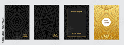 Set of ethnic covers, vertical creative templates, space for text. Collection of black and gold backgrounds with 3d geometric pattern. Tribal traditions of the East, Asia, India, Mexico, Aztecs, Peru.