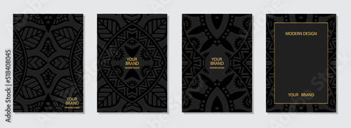 Set of ethnic covers, vertical templates, place for text. Collection of black backgrounds with 3d geometric exotic pattern. Tribal traditions of the East, Asia, India, Mexico, Aztecs, Peru.