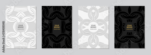 Set of ethnic covers, vertical templates, place for text. Collection of black and white backgrounds with 3d geometric decorative pattern. Tribal traditions of the East, Asia, India, Mexico, Aztecs.