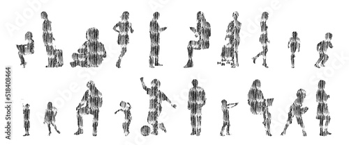 Vector silhouettes, Outline silhouettes of people, Contour drawing, people silhouette, Icon Set Isolated, Silhouette of sitting people, Architectural set	
