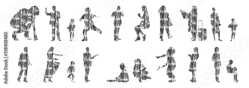 Vector silhouettes, Outline silhouettes of people, Contour drawing, people silhouette, Icon Set Isolated, Silhouette of sitting people, Architectural set	
