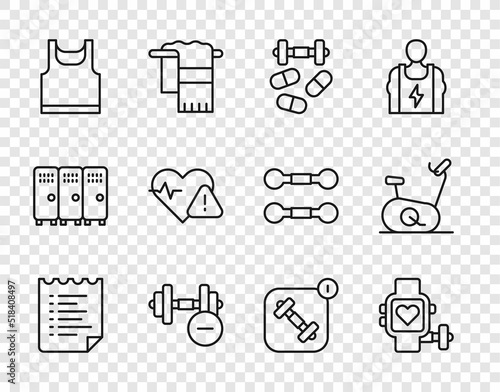 Set line Sport training program, Smart watch with heart, Sports doping dumbbell, Dumbbell, Sleeveless t-shirt, Heart rate, Fitness app and Stationary bicycle icon. Vector