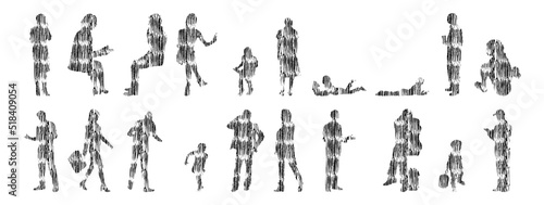 Vector silhouettes, Outline silhouettes of people, Contour drawing, people silhouette, Icon Set Isolated, Silhouette of sitting people, Architectural set	
