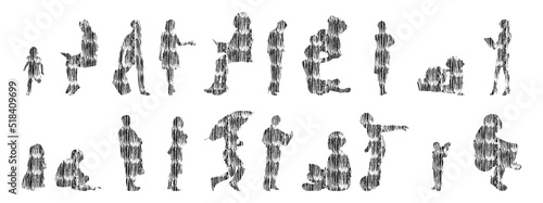 Vector silhouettes, Outline silhouettes of people, Contour drawing, people silhouette, Icon Set Isolated, Silhouette of sitting people, Architectural set	

