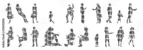 Vector silhouettes, Outline silhouettes of people, Contour drawing, people silhouette, Icon Set Isolated, Silhouette of sitting people, Architectural set	
